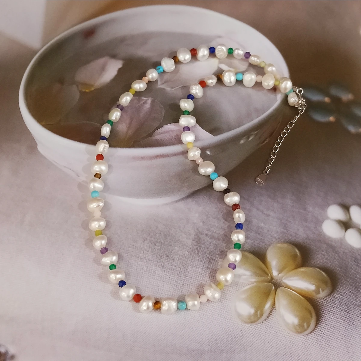 

Lii Ji Pearl Choker Necklace 925 Sterling Silver Baroque Pearl Jewelry Colorful Gemstone Beads Rainbow for Women Girls Gift