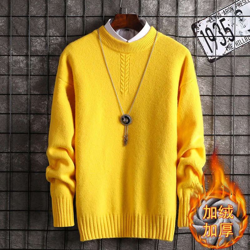 

Мужской вязаный свитер на флисовой подкладке, теплый пуловер с круглым вырезом и длинными рукавами для молодежи, зима 2021