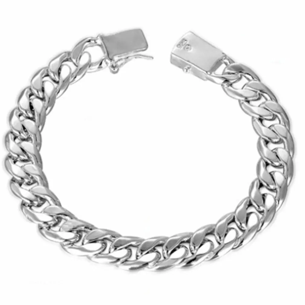 

925 Sterling Silver 10mm Square Buckle Bracelet Chain Women Fashion Men Domineering Jewelry