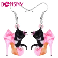 bonsny acrylic valentines day high heels black cat earrings drop dangle jewelry for women girls teen lover charm gift accessory