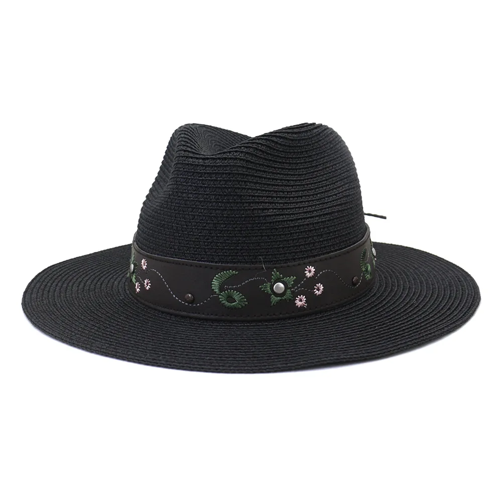 

panamas women hat solid wide brim belt band straw hats khaki black white outdoor jazz caps western cowboy sun casual beach hats