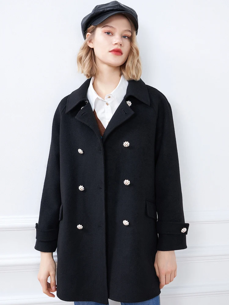

New Autumn 2021 Lapel Double Breasted Medium Length Wool Double Faced Overcoat Women's Coat