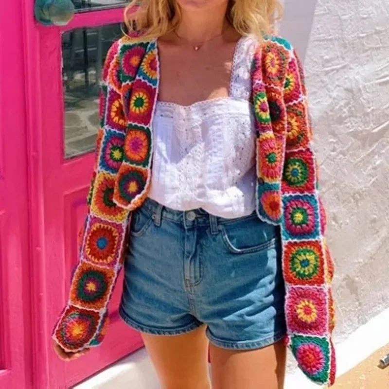 

Ethnic Style Color Plaid Sweater V-neck Three Buttons New Ladies V-Neck Long-Sleeve Coat Fashion Women Knitted Sweaters Jackets