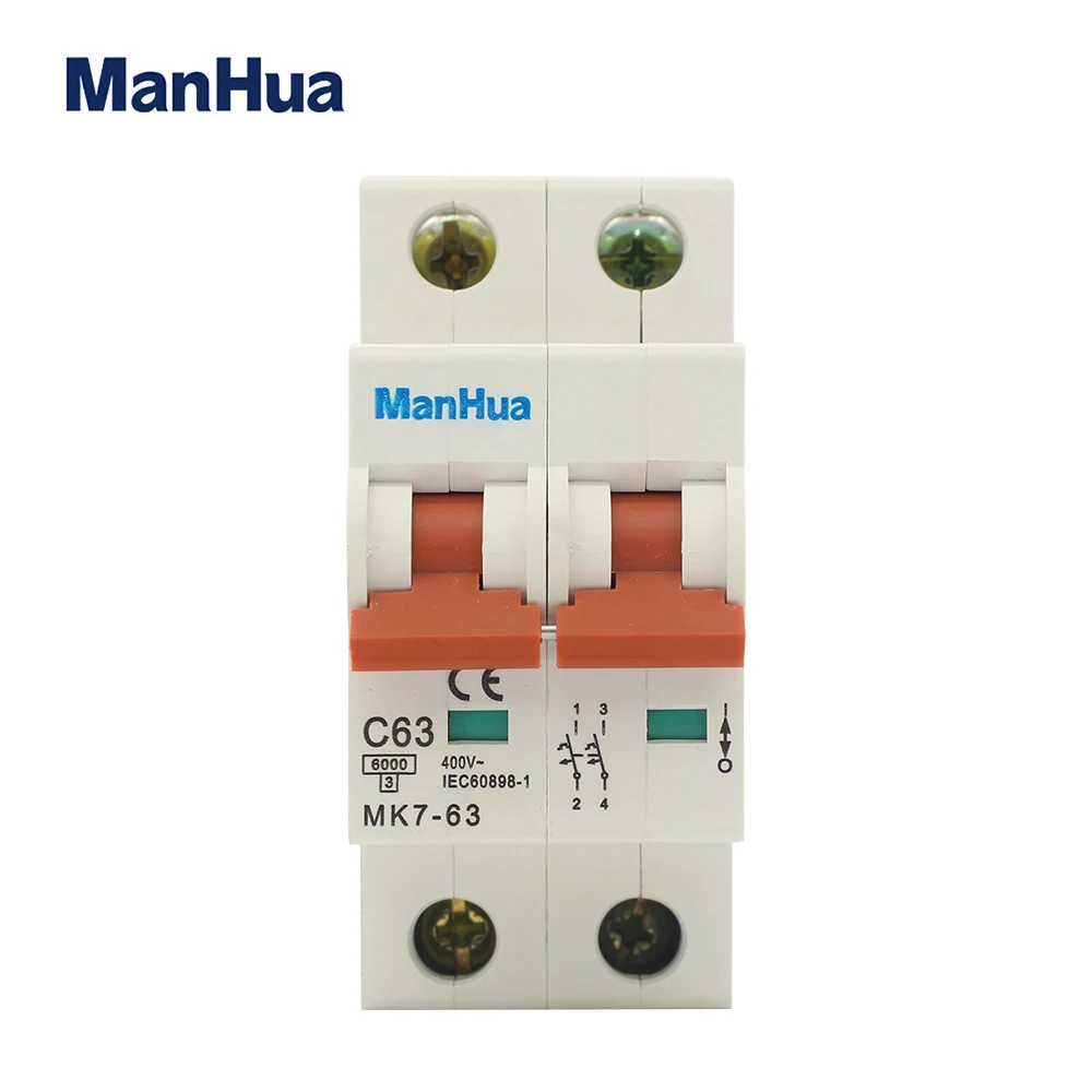 Manhua MCB MK7-63 C63 2P 63A 400VAC breaking capacity Overload Protection Short circuit protection Miniature Circuit Breaker |
