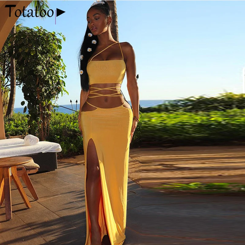 

Totatoop Summer Sexy Two Piece Set For Women High Split Lace Up Bandage Maxi Skirt And Halter Tops Outfit Matching Set Beachwear