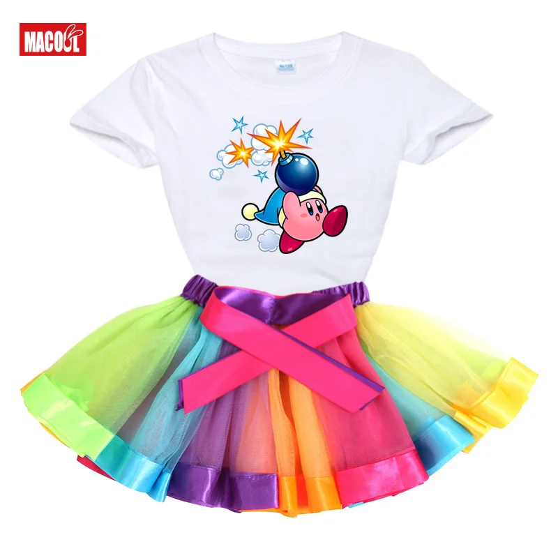 

Summer Toddler Girls Clothes Sets Costumes for Kids Clothing 2pcs Sport Suits Children Clothing Kirby Shirt + Rainbow Tutu Dress