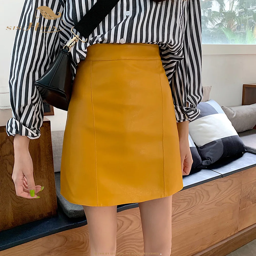 

SISHION Sexy Leather Skirt VD1244 Women Ladies Black Blue Yellow A Line High Waist Short Mini Skirt