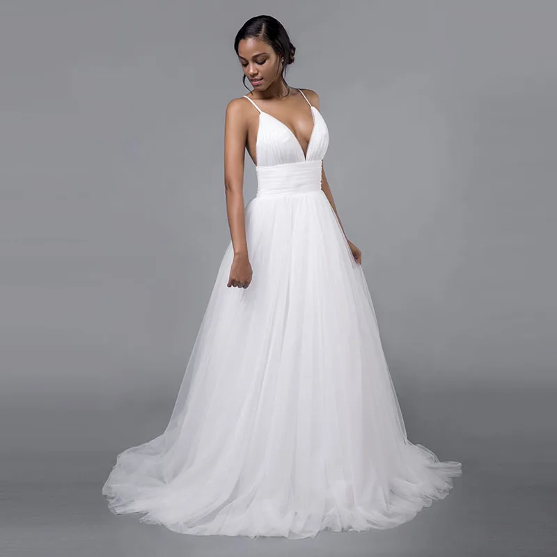 Простое свадебное платье в стиле бохо 2019 мягкое Тюлевое на бретелях-спагетти