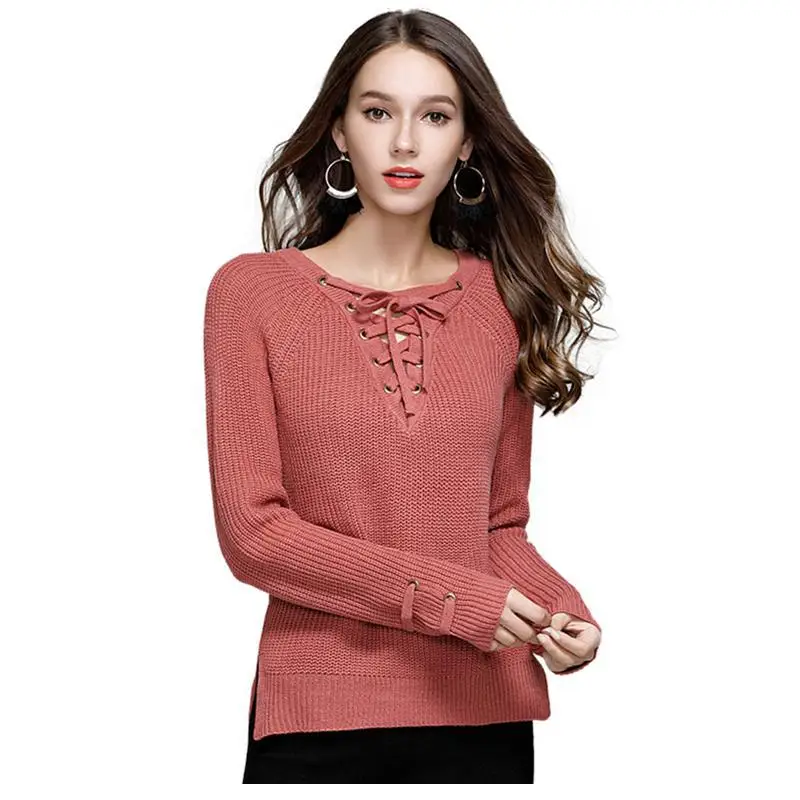 Женский трикотажный пуловер с V-образным вырезом и длинным рукавом |