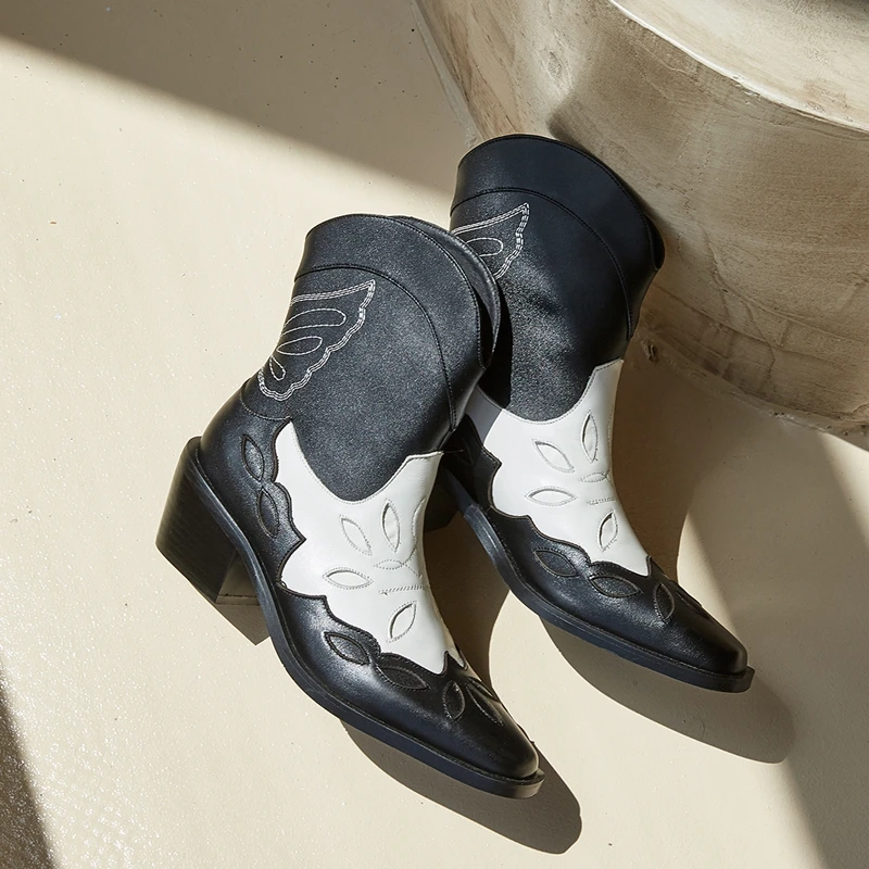 

Classic Genuine Leather Ankle Boots for Women Color Matching Pointed Toe Kitten Heels Chelsea Boots Western Cowboy Winter Shoes