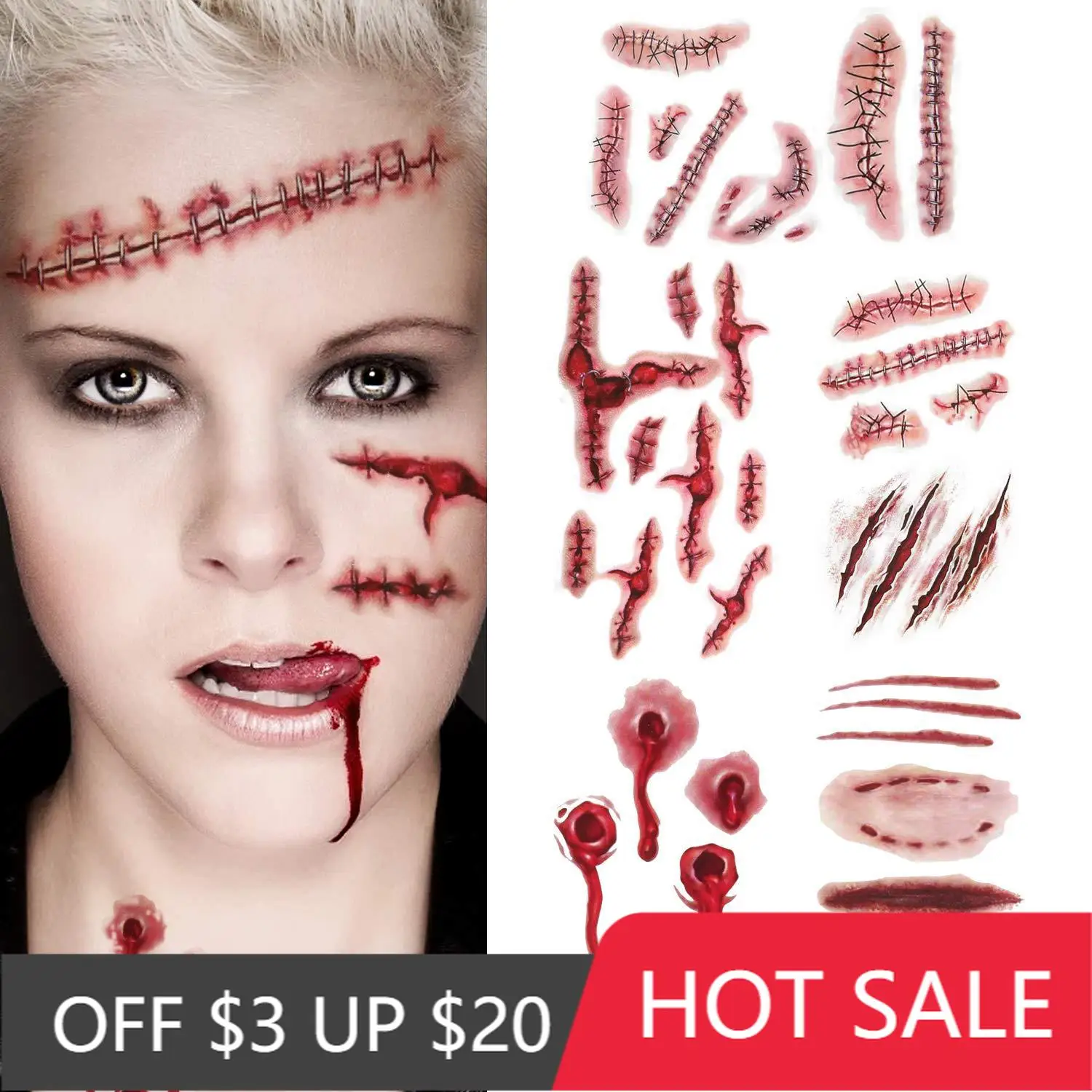 

ODILO Halloween New Scary Scar Wound Tattoo Stickers Day of the Dead Face and Body Decoration Set