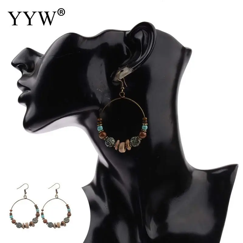 2019 полые круглые бирюзовые деревянные бусины Женские Висячие серьги в богемном