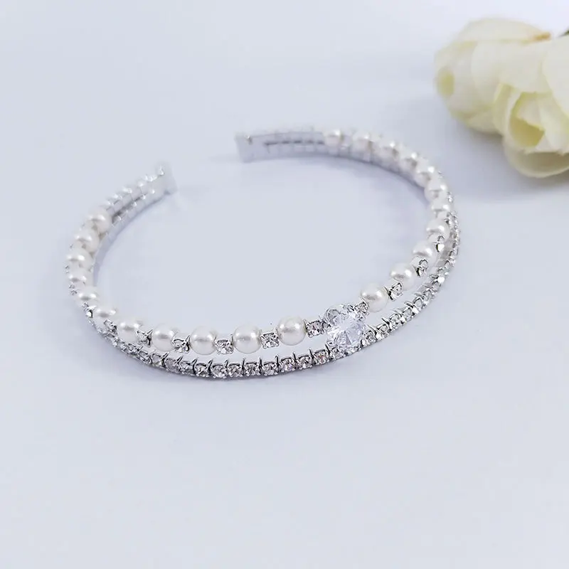

Luxury Female Crystal Round Chain Bracelet Rose Gold Silver Color Open Bracelets For Women Charm Bride Pearl Party Bracelet