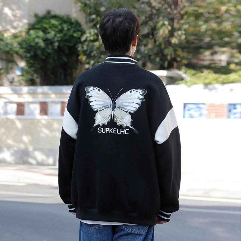

SHENGPALAE Butterfly Printed Coat Women's Spring 2021 New Round Neck Zipper Loose Long Sleeve Contrast Color Baseball Jacket 5B8