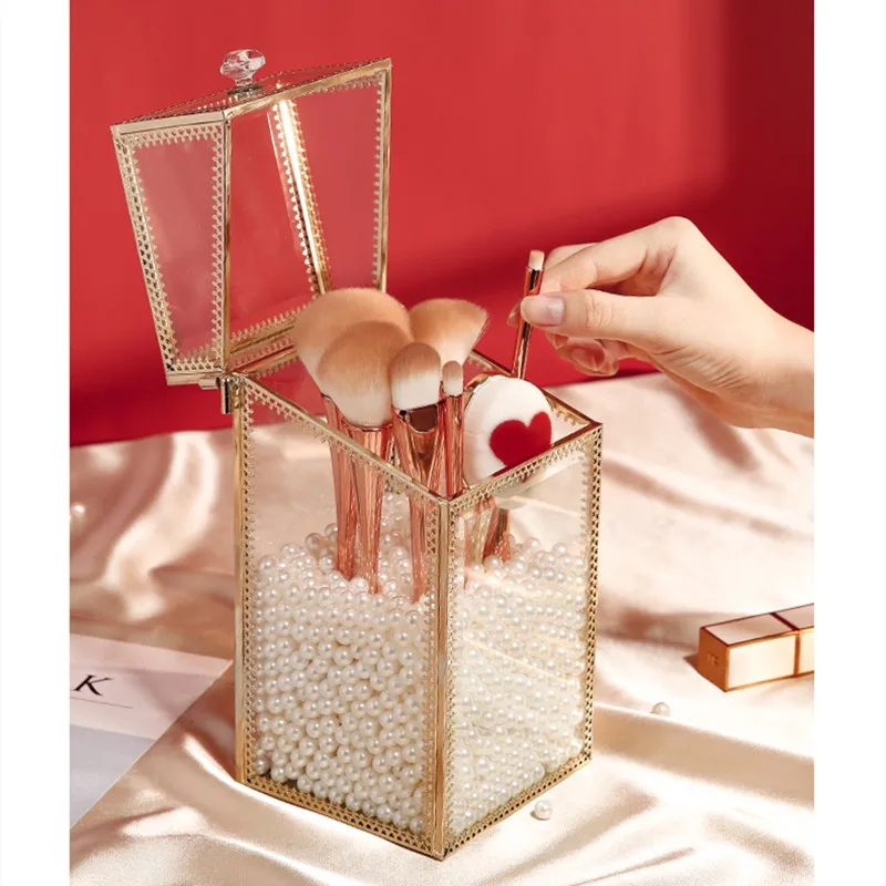 Стеклянный косметический Органайзер держатель для кистей макияжа золотой ящик