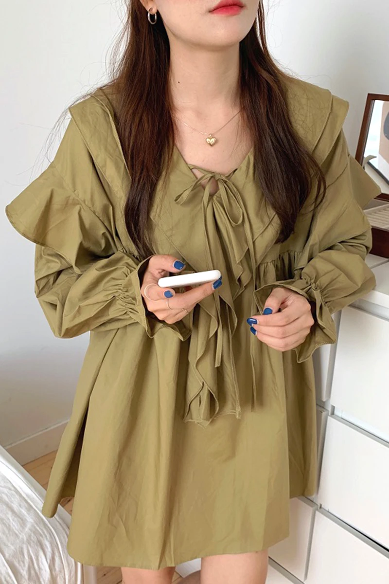 

Korea Chic Autumn Age-reducing Ruffled Lapel Irregular Wide Loose High Waist Long-sleeved Doll Dress Female