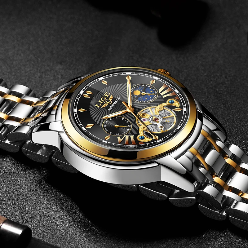Часы наручные LIGE Мужские механические автоматические спортивные повседневные