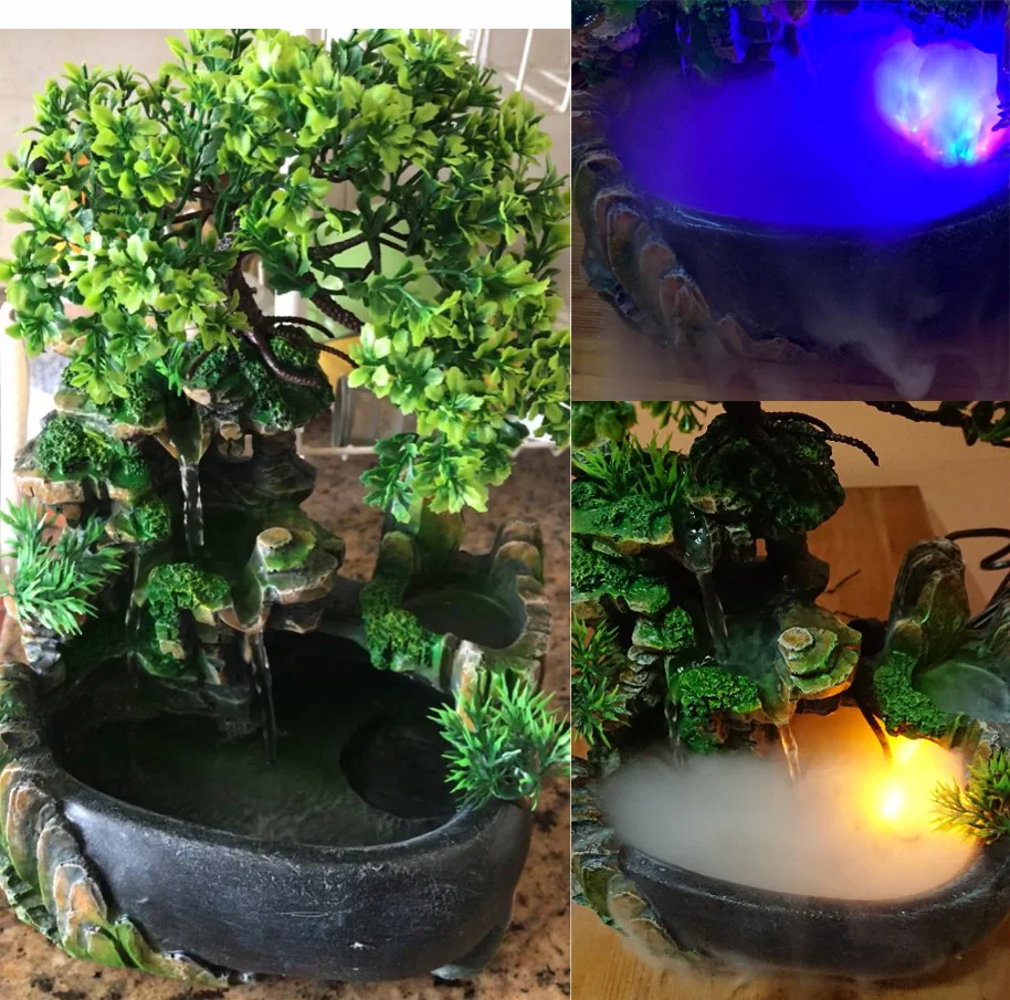 110-240V Creative Home Decoration Resin Rockery Waterscape Feng Shui Water Fountain Air Spray Green Plant Flowerpot Fish Tank | Бытовая