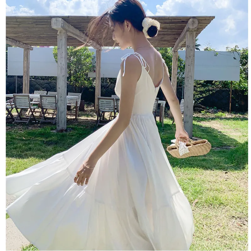 

#3951 White Pleated Midi Chiffon Dress Women Beach A-line Dress Sexy Sleeveless Spaghetti Straps Dresses V Neck High Waisted