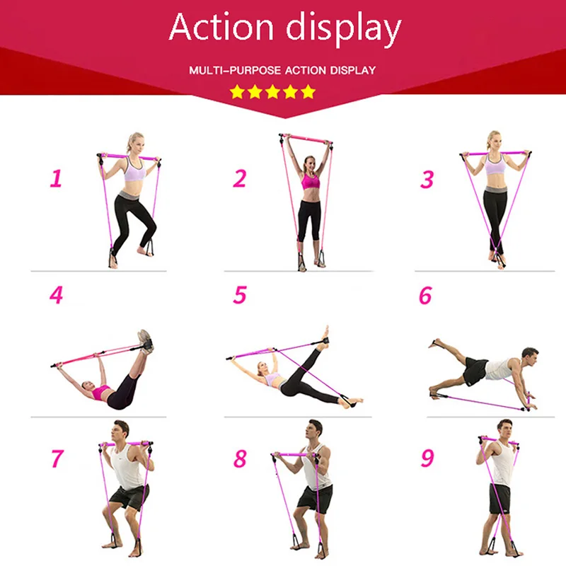 

Pilates exercises stick toning Bar Fitness home yoga gym body workout body abdominal straps resistance puller rope