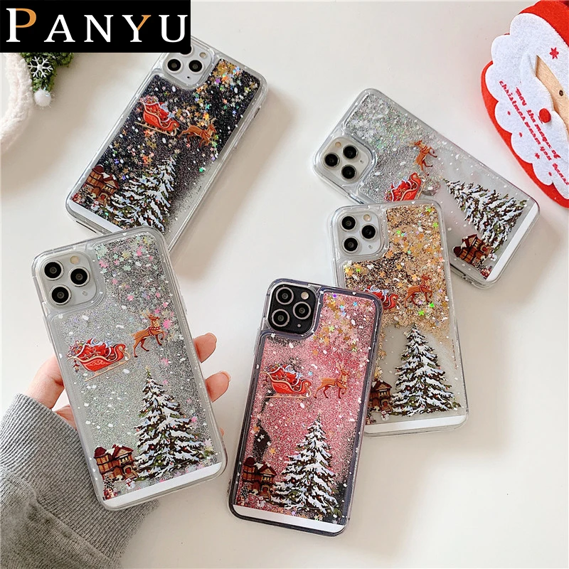 

Quicksand Liquid Glitter Christmas Cases For iPhone 13 mini 12 11 Pro XR XS MAX 8 7 Plus X Cartoon Santa Claus Elk Hard Cover