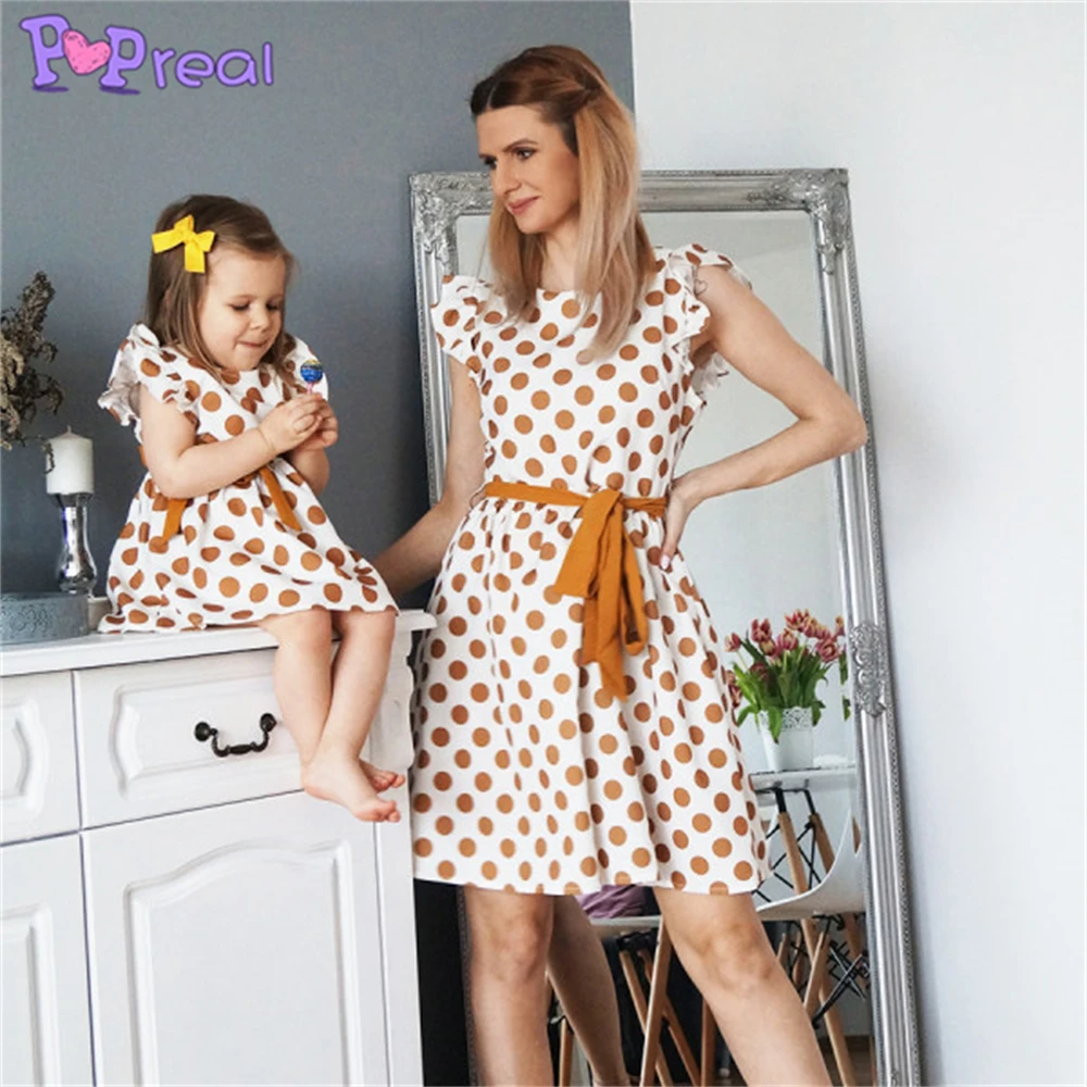 

PopReal Mom And Daughter Dress Fashion Polka Dot Print Bow Flying Sleeves Dress Family Matching Outfits Parent-Child Outfit