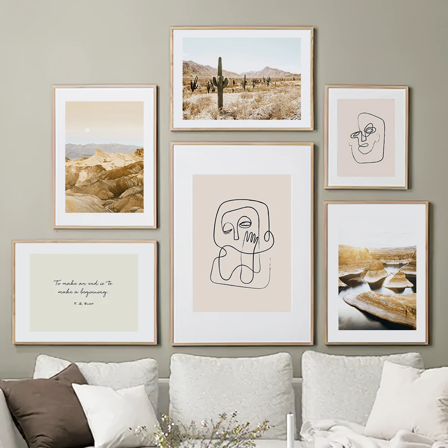 

Cactus Desert River Flower Line Face Wall Art Canvas Painting Nordic Posters And Prints Wall Pictures For Living Room Decoration
