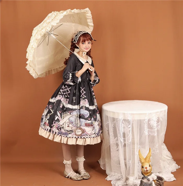 

Rabbit and Alice Cute Women's Lolita OP Dress Long Sleeve Dress Puffy Sleeve Peter Pan Collar Lace Bows Trim Dress One Piece