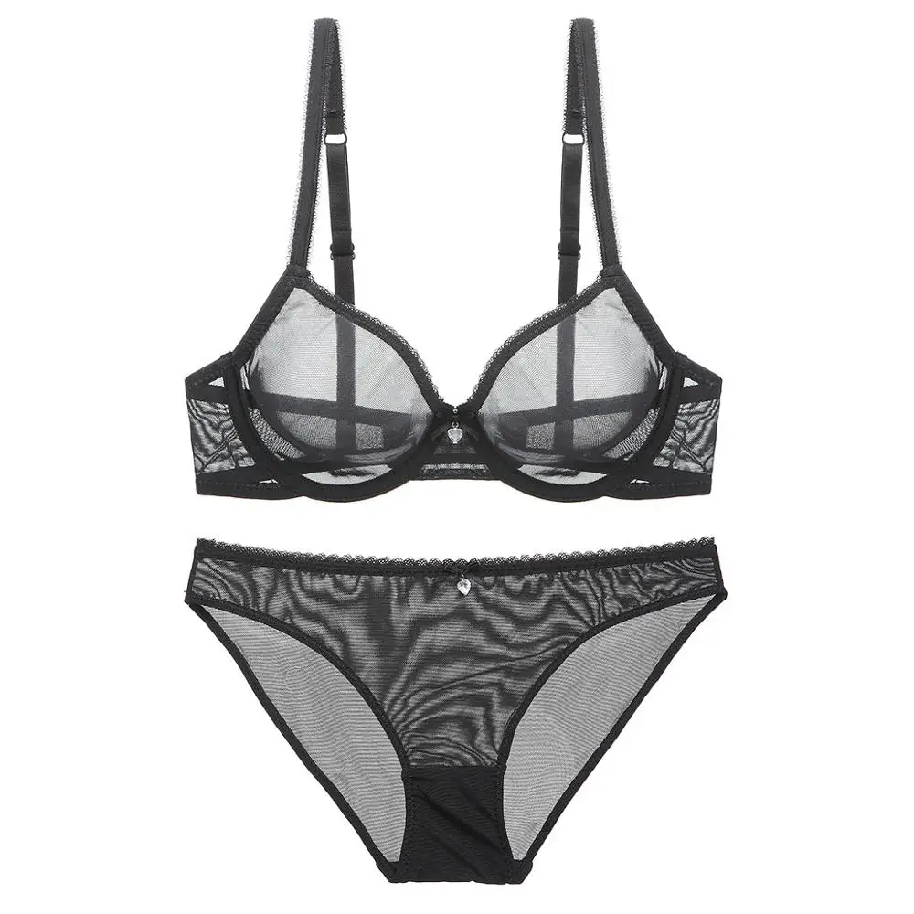 Bra Set Black Женский комплект бюстгальтера размера плюс, Одноцветный, прозрачная чашка, дышащий, на косточках, пуш-ап, украшен бантом и стразы, комплект нижнего белья для женщин - Цвет: Bra Set Black