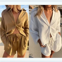 womens casual solid color lapel long sleeve button down shirt elastic waist shorts two piece beach suit