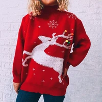 2021 christmas sweater new winter womens wear loose and thickened warm deer snowflake round neck long sleeve pullover red