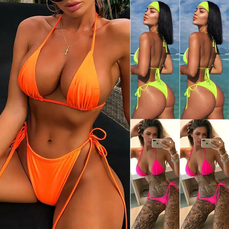 Женский комплект бикини 2020 Сексуальный Чистый купальник неонового оранжевого
