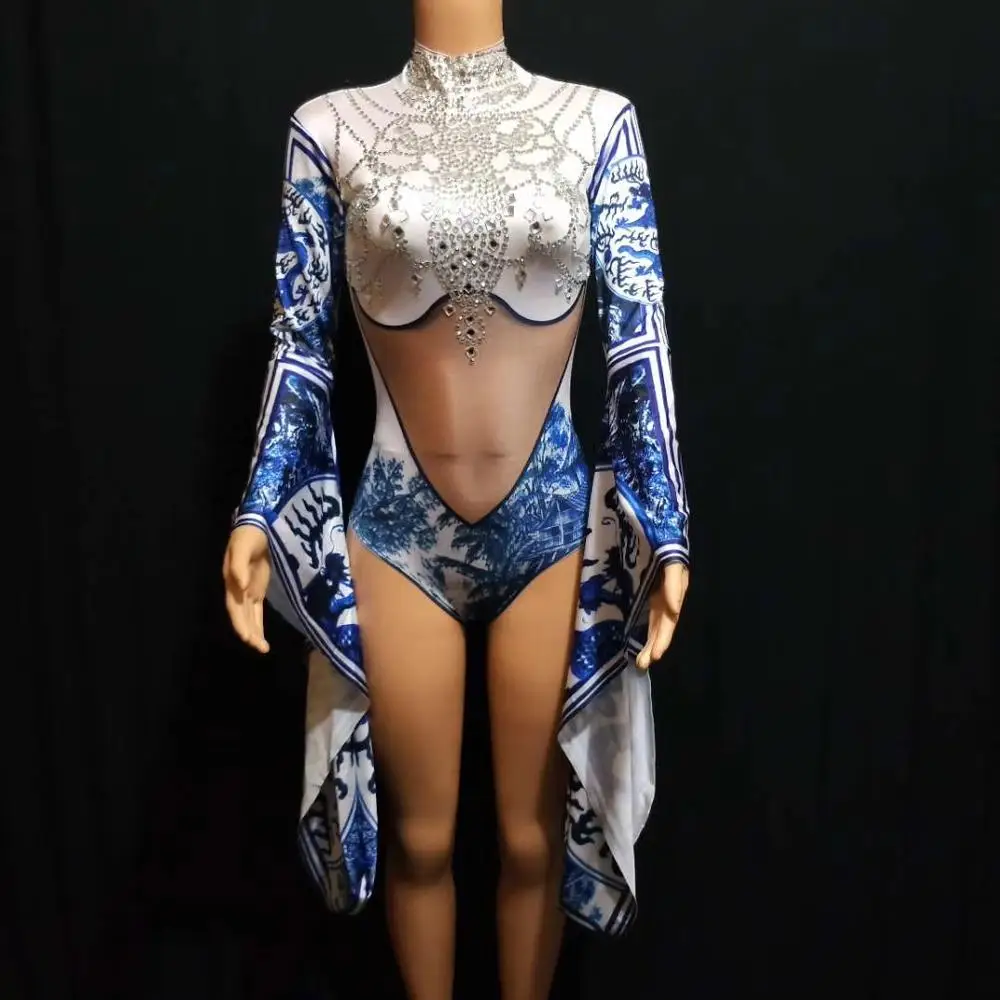 Chinese Style Porcelain Pattern Stage Bodysuits Women Bell Sleeve Rhinestones Jumpsuit Party Dancer Leotard Performance Costumes