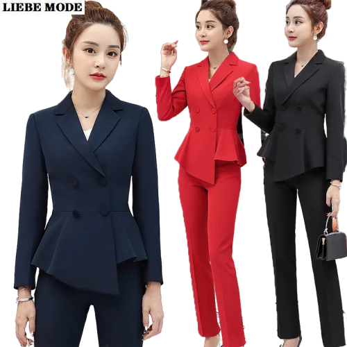 

Uniform Business Work Double Breasted Irregular Blazer Set Korea Formal Pant Suit for Women Plus Size Pantsuits Female Red Black