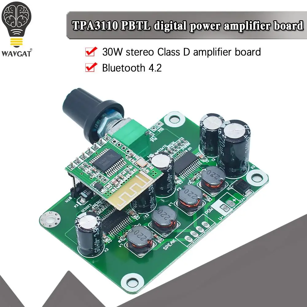 Цифровой стерео аудио усилитель мощности WAVGAT TPA3110, Bluetooth 4,2, 30 Вт + 30 Вт, плата модуля 12-24 В, Автомобильный USB-динамик, портативный динамик
