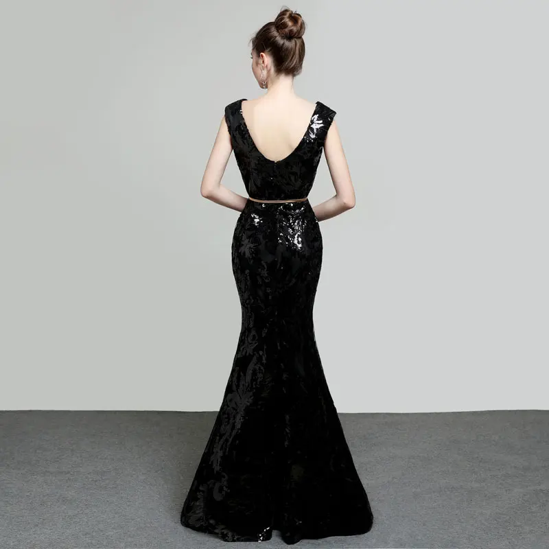 Большие размеры черные длинные вечерние платья русалки с блестками для