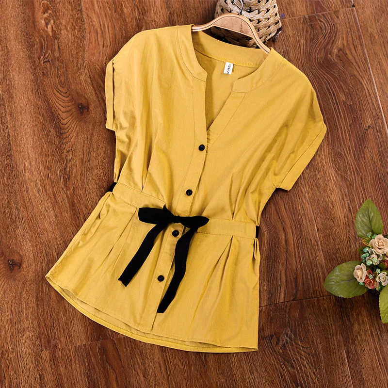 

2020 New Summer Korea Fashion Women Short Sleeve V-neck White Shirts All-matched Casual Lacing Blouse Femme Tops Plus Size M63