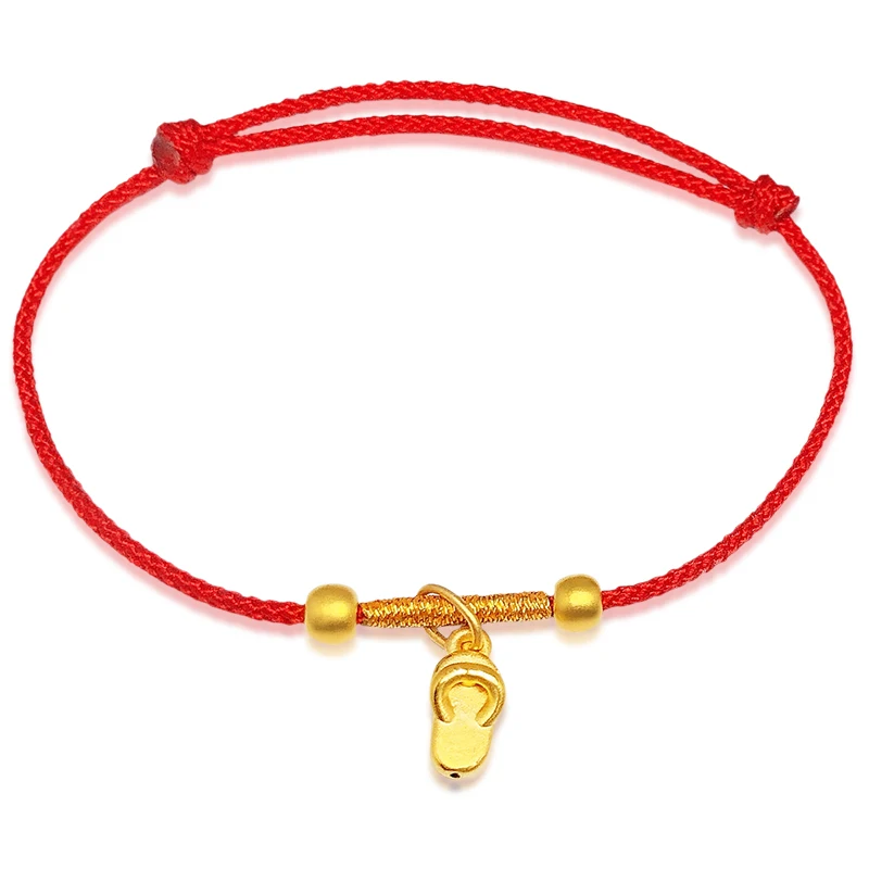 

New Pure 24K Yellow Gold Bracelet Women 3D Luck Shoe Smooth Bead with Red Cord Weave Bracelet