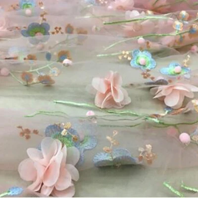 Light Pink Новая мягкая сетчатая трехмерная вышитая кружевная ткань с бусинами, лепестками цветов, платье, Женская юбка, ткань - Цвет: Light Pink