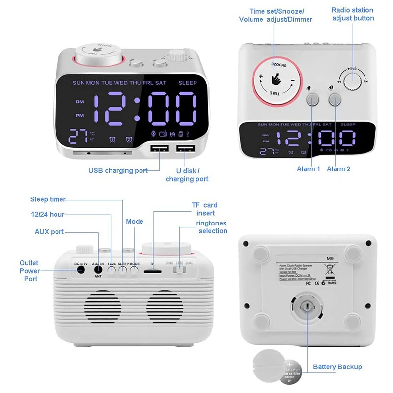 Promotion! Digital Alarm Clock Radio Bluetooth Speaker 12/24 H Dimmer Dual Snooze Thermometer Sleep Timer White US Plug | Дом и сад