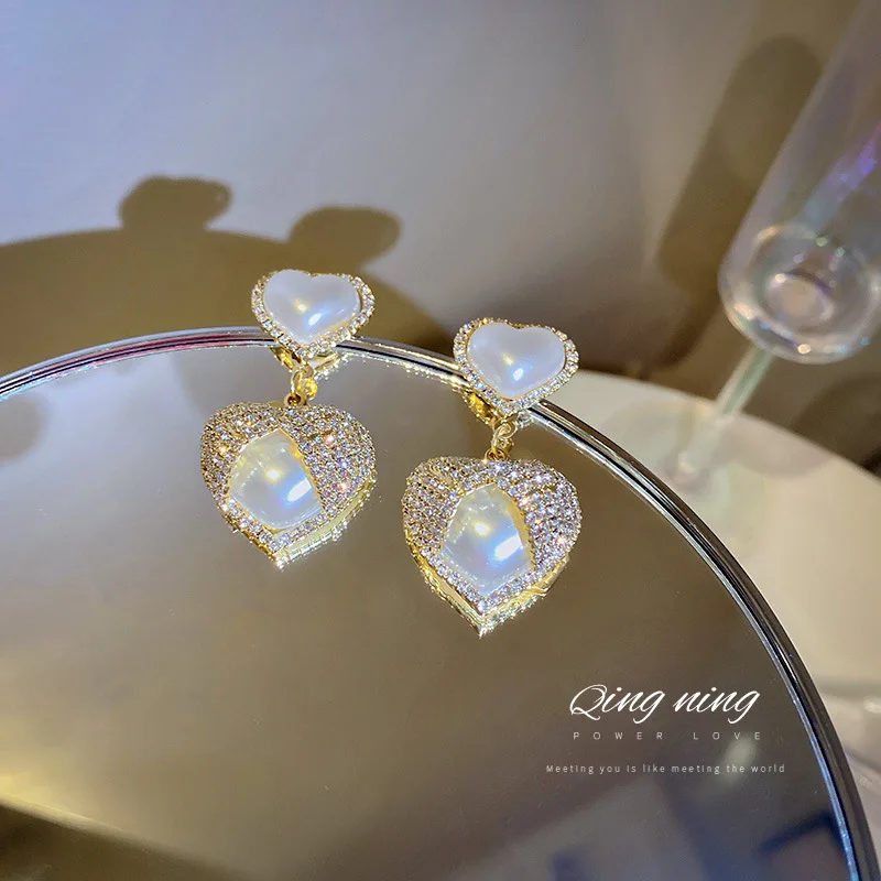 

Minar Sweet Bling Bling Rhinestones Love Heart Earring for Women White Simulated Pearl Hanging Dangle Earrings Wedding Jewelry