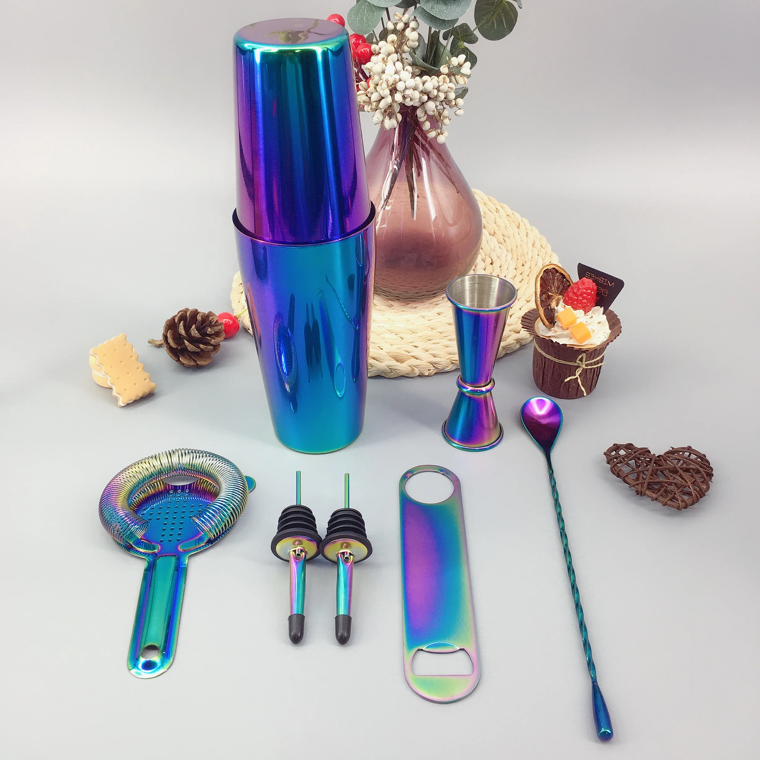 Бостонский коктейльный шейкер Cocktail набор из 8 штук нержавеющая сталь Rainbow для