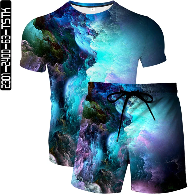 

2021 summer starry sky pattern T-shirt men's and women's fashion T-shirt short sleeve + shorts 3D printing T-shirt 2-piece set