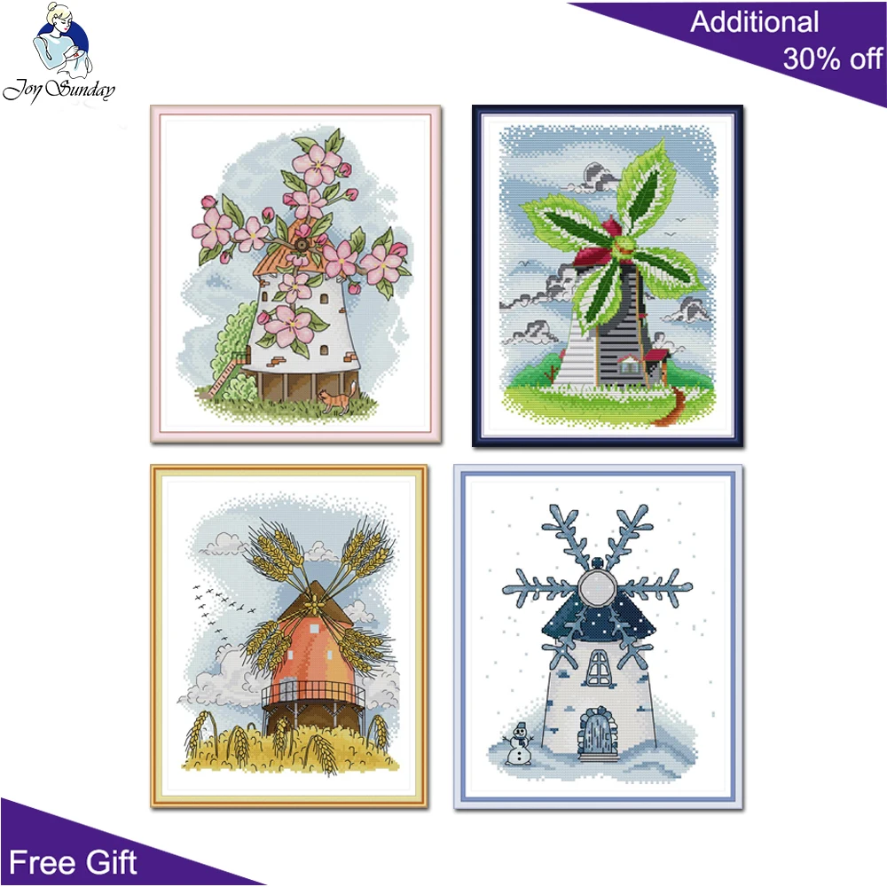 

Joy Sunday Four seasons windmill Home Decor FA045FA046FA047FA048 Counted Stamped Spring Summer Autumn Winter Cross Stitch