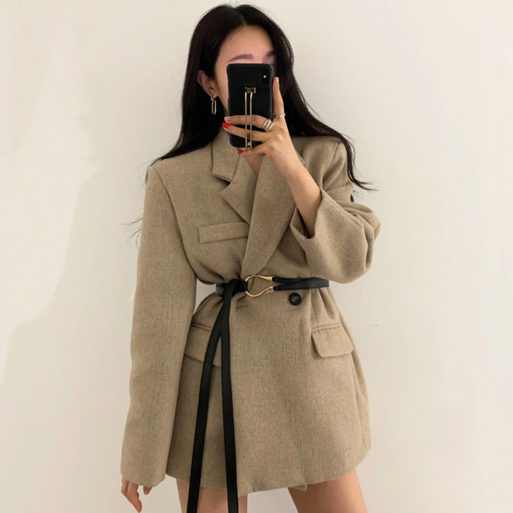 

Long temperament joker chic Korean suit collar two button retro design sense slim long sleeve wool coat