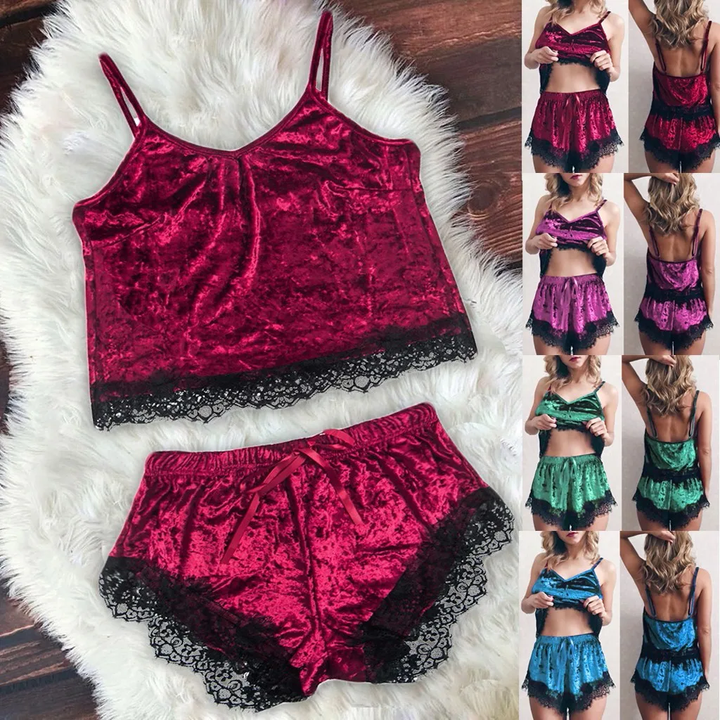 

Sexy Lingerie Pajamas Set Velvet Black Lace V Neck Sleeveless Pajamas Home Clothes Set for Women Pijama Homewear 2021 Hot Sale