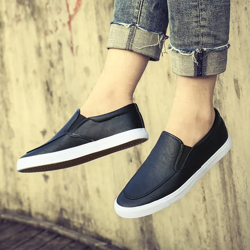 

New Men Shoes Spring Summer Casual PU Leather Flat Shoes Slip-On Low Top White Male Sneakers 2021