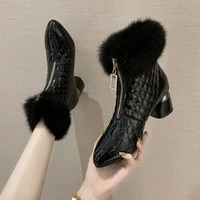 genuine cony hair women short bootswinter shoes 2020pointed toefront zipsquare heelfashion female footwareblackbeige