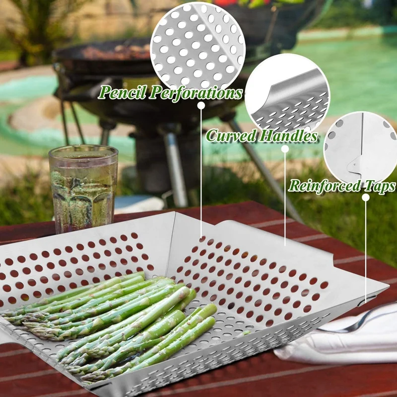 Гриль Корзина Набор из 2 большой барбекю вок для овощей Kabobs креветки квадратные