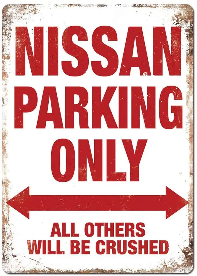 

Nissan Parking White Metal Wall Sign Plaque Garage Classic Car 350z Skyline